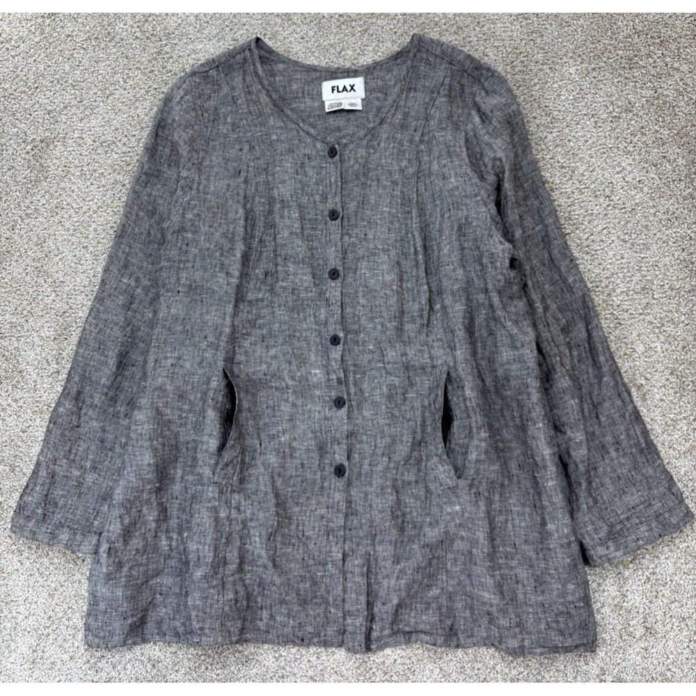 FLAX 100% Linen Button Up Tunic Jacket Womens L Gray Pockets Relaxed Lagenlook